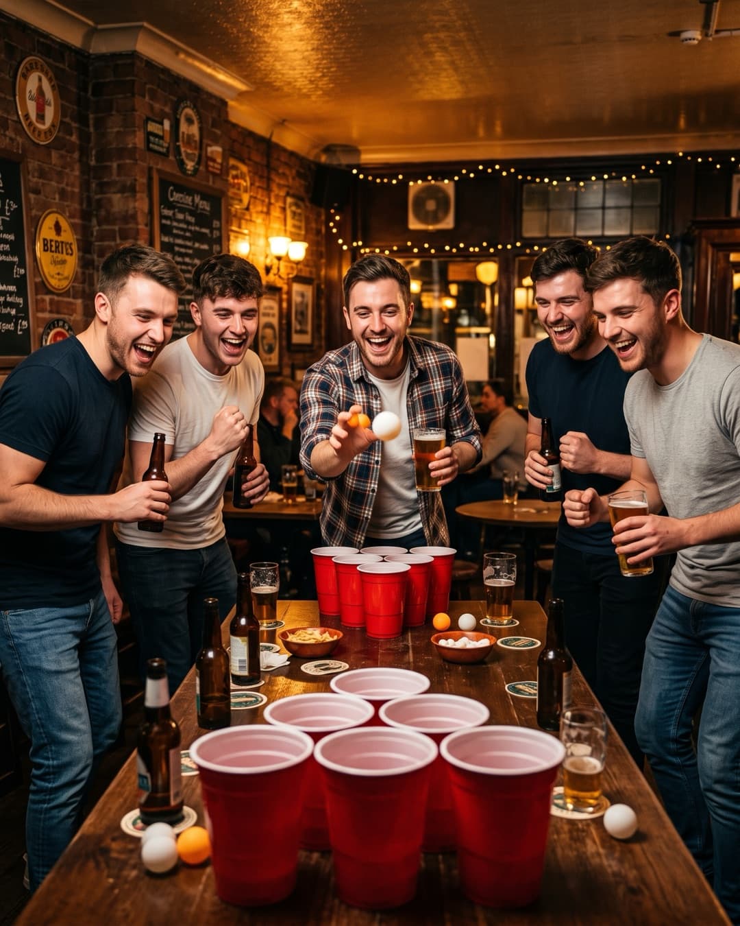 Parta hraje obří beer pong s pivem v ruce