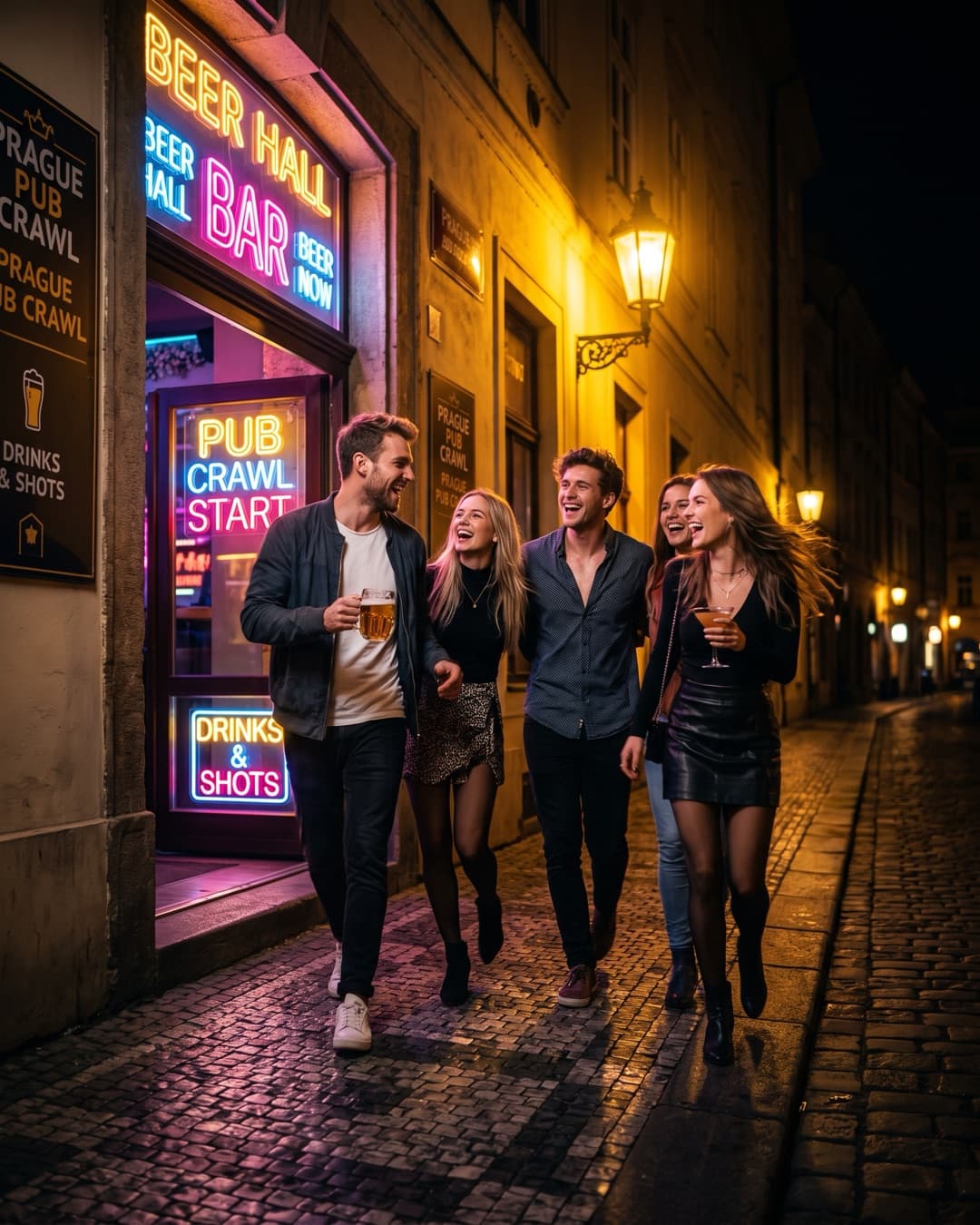 Skupina se sklenicemi v ruce vyráží z baru na další zastávku pub crawlu
